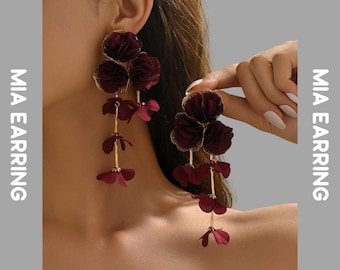 Aretes florales burdeos largos boho elegantes moda