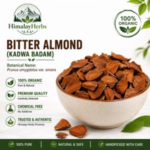 May include: A white bowl filled with brown bitter almond kernels, labelled as Kadwa Badam. The text includes HimalayHerbs, 100% Organic, Prunus amygdalus var. amara, and claims of being premium quality, chemical-free, pure, natural, and handpicked with care.
