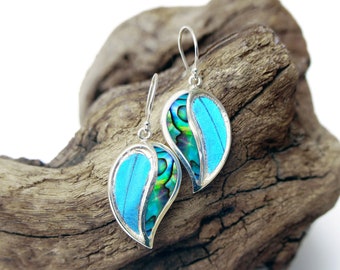 Blue Morpho Butterfly Wing Earrings: Sterling Silver Abalone Shell Dangles
