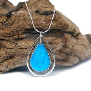 Real Butterfly Wing Sterling Silver Teardrop Necklace | Blue Morpho Butterfly Necklace | Anniversary Gift | Preserved Butterflies Jewelry