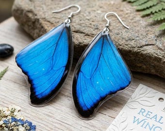 Peut inclure: Une paire de boucles d'oreilles composées d'ailes de papillon bleu vif aux bords noirs, suspendues à des crochets en métal argenté. Une petite étiquette blanche porte l'inscription REAL WING et un petit dessin de papillon, indiquant l'authenticité.