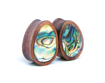 Real Abalone Shell Inlaid Wood Plugs | Organic Wood Plugs and Tunnels | Teardrop Wood Gauges | Wooden Gauges | Double Flared Wooden Plugs