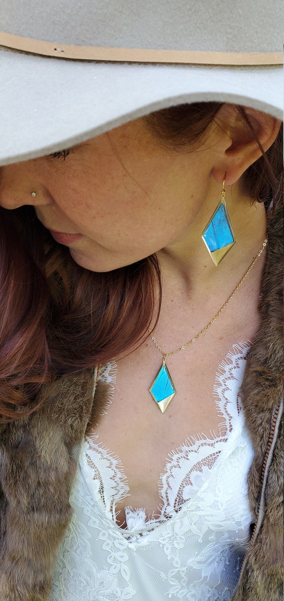 Blue Morpho Butterfly Wing Earrings: Sterling Silver Kite Pendants
