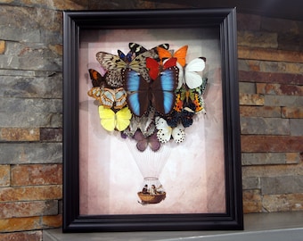 Cuadro decorativo con mariposa real y globo aerostático: decoración de pared estilo steampunk (11 x 14)