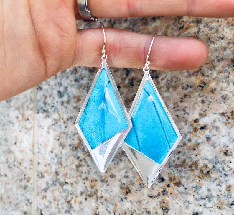 May include: A pair of silver earrings with a blue butterfly wing design. The wings are set in a diamond shape and have a silver border.