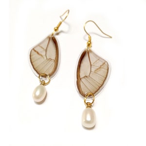 Real Butterfly Wing Earrings | Butterfly Wings + Pearls Earrings | Cithaerias Merolina Butterfly Earrings | Elegant Natural Wedding Earrings