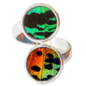 May include: A silver ring with two round butterfly wing inlays. The top inlay is green and black, and the bottom inlay is orange, green, and black.