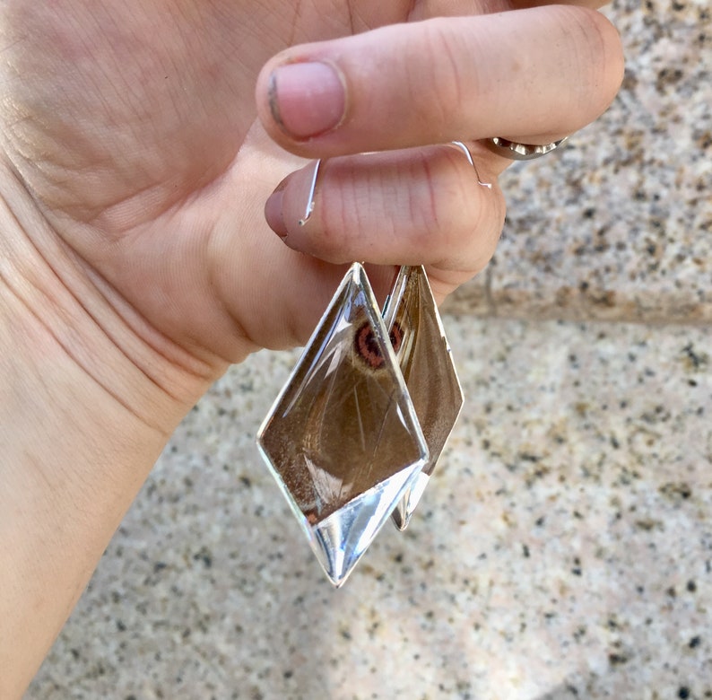 May include: A pair of silver diamond-shaped earrings with a brown butterfly wing encased in each earring.