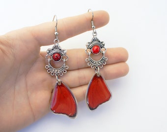 Real Butterfly Wing Earrings | Red Butterfly Earrings | Cymothoe Sangaris | Butterflies Chandelier Drop Earrings | Special Occasion Jewelry