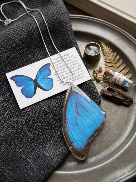 本物の青いモルフォ蝶の羽のネックレス：虹色に輝くジュエリー - Etsy 日本