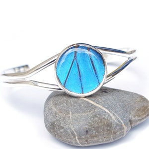 May include: A silver bangle bracelet with a round blue butterfly wing encased in resin. The bracelet is open and has a simple design.