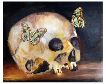 Butterfly and Skull Art Print | Butterfly Wall Decor | Spooky Halloween Wall Art | Butterfly Painting | Boho Halloween Print | Skull Decor