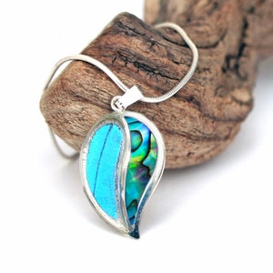 Blue Butterfly Wing and Abalone Necklace | Blue Morpho Butterfly and Abalone Shell in Sterling Silver Necklace Pendant | Leaf Necklace