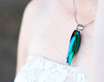 Real Beetle Wing Necklace | Beetle Necklace | Elytra Beetle Wings Jewelry | Stainless Steel | Beetlewing Irridescent Green Bug Jewelry