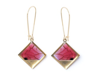 Real Pink Butterfly Wing Earrings: Gold Diamond Dangle, Resin Jewelry