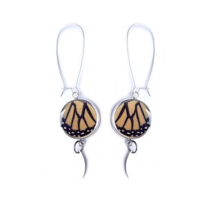 Real Butterfly Wing Earrings | Recycled Monarch Butterfly Wings Earrings | Silver Plated Pendant Earrings with Dangle Marquis Charm