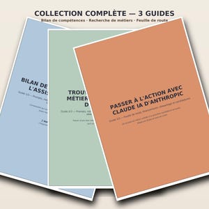 Może przedstawiać: Zestaw trzech przewodników zatytułowanych COLLECTION COMPLÈTE — 3 GUIDES. Pierwszy jest jasnoniebieski, drugi jasnozielony, a trzeci w kolorze terakoty. Każdy przewodnik zawiera czarny tekst dotyczący oceny kompetencji i planów działania.