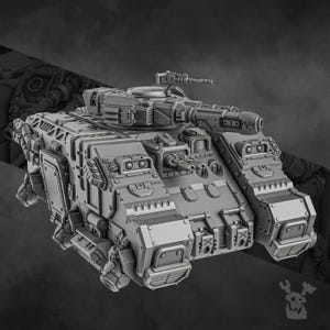 May include: A grey model tank with a detailed design, featuring multiple turrets and mechanical elements. The tank has a boxy shape with panels, rivets, and weapon systems, indicative of a military or science fiction theme.