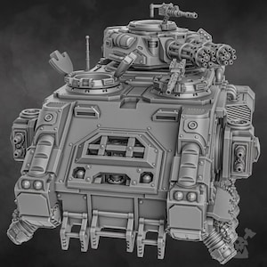May include: A gray, detailed model of a military tank with multiple turrets and gun barrels. The tank has a boxy design with visible rivets and hatches. The overall aesthetic suggests a science fiction or war game theme.