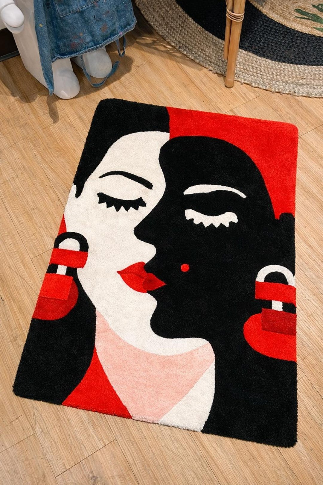 Colorful Face Rug Abstract Face Art Rug – Modern Pop Art Red Black White Carpet - Etsy