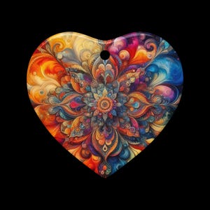 May include: Heart-shaped ornament with a colourful mandala design. The ornament features a central floral pattern in shades of orange, yellow, blue, and purple, with a small hole at the top for hanging. The background is black.
