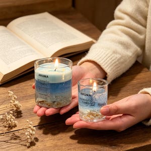May include: Two lit glass candles with a layered blue and white design, labelled "Aroma Romantic Times." The candles have a beach-like appearance with small shell-like elements at the base. The candles are held in hands, with an open book in the background.