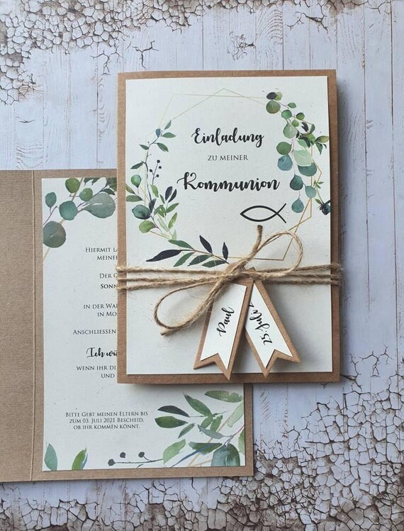 Vintage Einladung Konfirmation | Kommunion Taufe Karte | Personalisierte Klappkarte | Handmade Einladungskarte I Eukalyptus