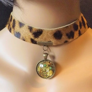Leopard Print Mens Choker Necklace, Rawhide, Steampunk Pendant