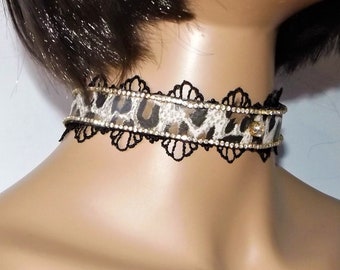 Leopard Leather & Black Lace Choker, Collar Necklace