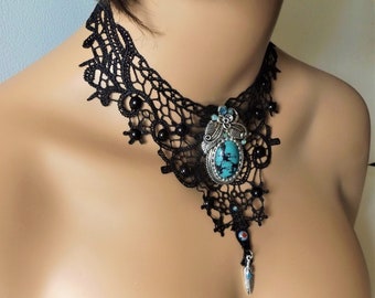 Custom Unique Silver Turquoise Bib Necklace, Black Lace Jewelry