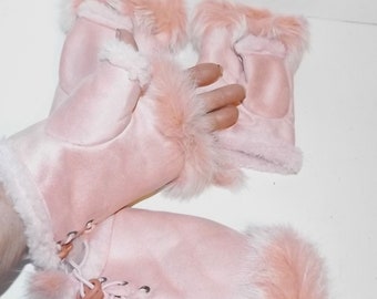 2 Pairs Pink Faux Leather Fur Fingerless Texting Gloves