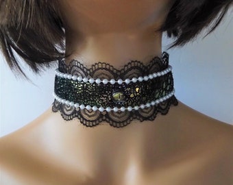 Layered Leather & Black Lace Dragon Choker Necklace