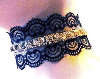 Black Lace Gold Trim Choker – Handmade Layered Necklace, Custom Fit