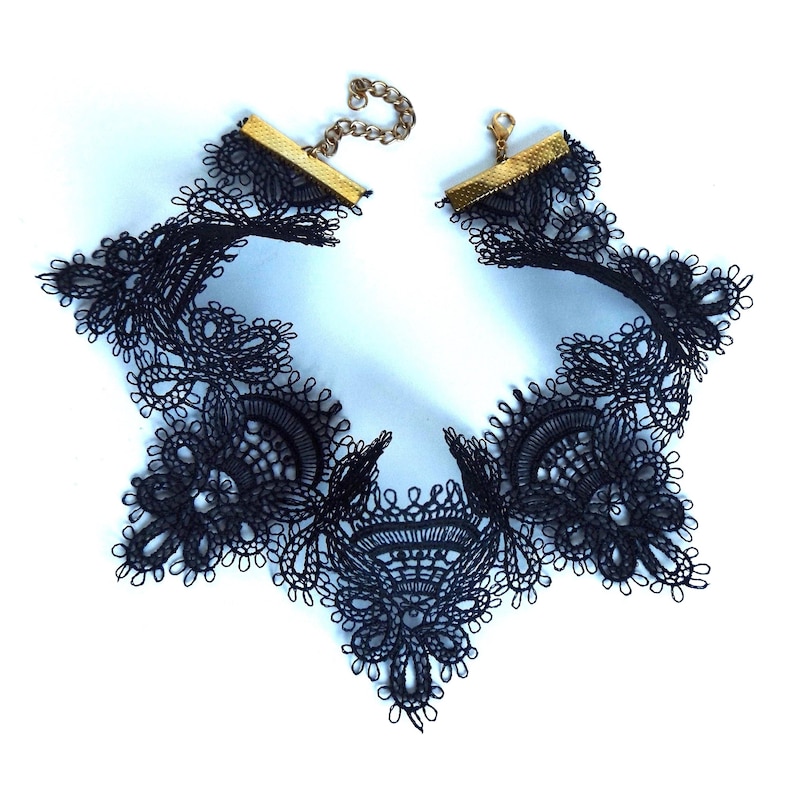 Black lace choker laid out on light surface showing gold (GP) hook and chain closure, will be upgraded to larger hook at no additional charge