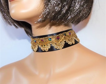 Custom Gold & Black Choker Necklace, Metallic Sequin Fabric