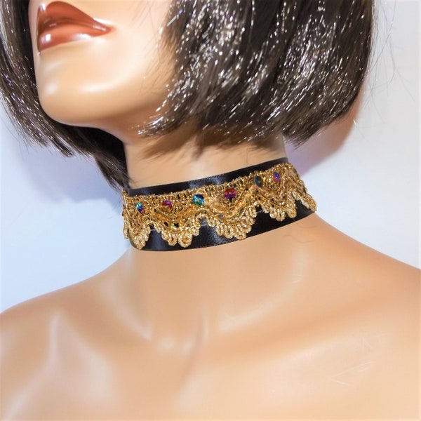 Custom Gold & Black Choker Necklace, Metallic Sequin Fabric