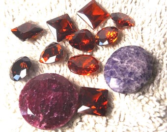 Red & Plum Gemstone Lot • 2 Natural India Rubies + 10 Vintage CZs • 120.5ct Undrilled Stones