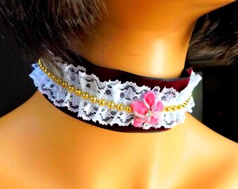 Velvet & Lace Victorian Choker with Pink Flower, Handmade Lolita Necklace, Romantic Ribbon Collar, Custom Sizing, Gift‑Ready Packaging