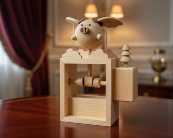 木製の空飛ぶ豚のオートマタ | 気まぐれな豚のオルゴール | 手彫りの