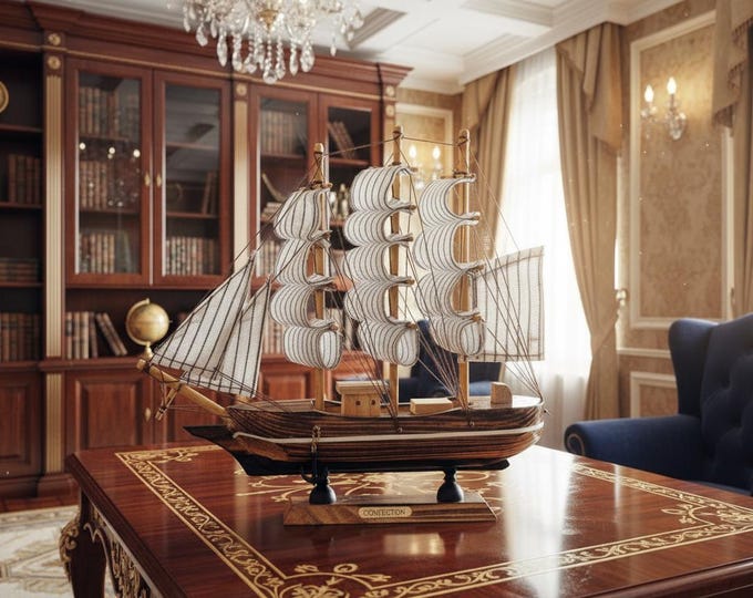 Featured listing image: Handcrafted Wooden Sailing Ship Model / Nautical Home & Office Decor / Vintage Marine Gift for Collectors / Sailboat Desktop Ornament