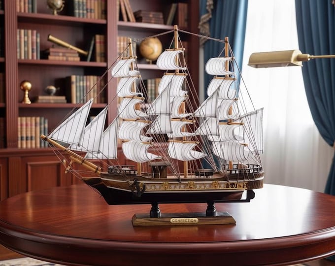 Featured listing image: Handcrafted Wooden Sailing Ship Model / Nautical Home & Office Decor / Vintage Marine Gift for Collectors / Sailboat Desktop Ornament