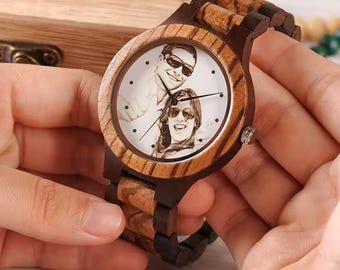 Personalized Photo Wooden Watch, Engraved Dial and Box Set