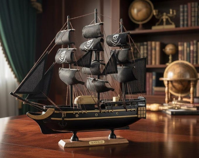 Featured listing image: Handcrafted Wooden Black Pearl Pirate Ship Model / Nautical Home Decor / Vintage Maritime Display / Collector Desk Ornament