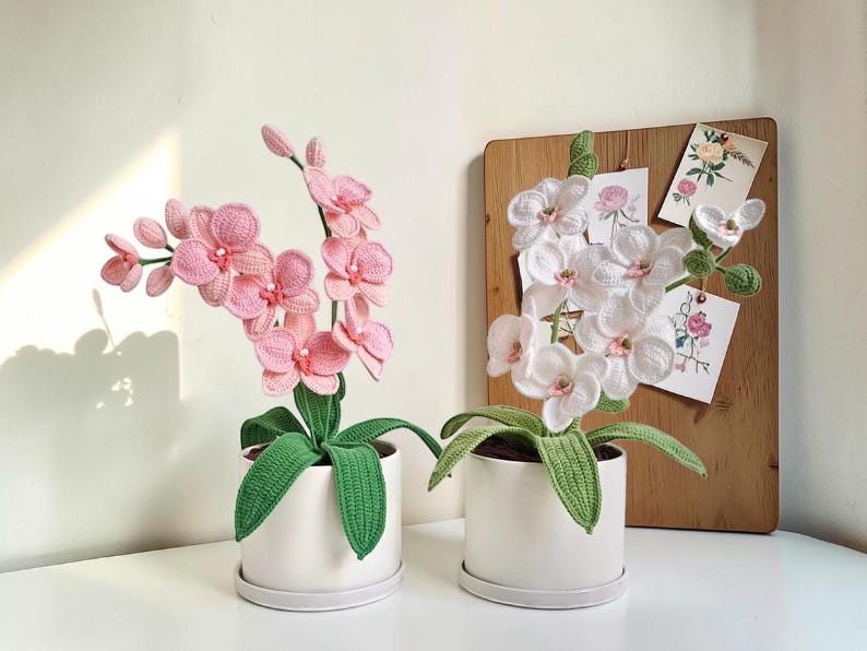 30 Orchid Crochet Patterns to Stitch Elegant Blooms for Home Decor and Gifts 32 Pink and White Orchid in a Mini Pot
