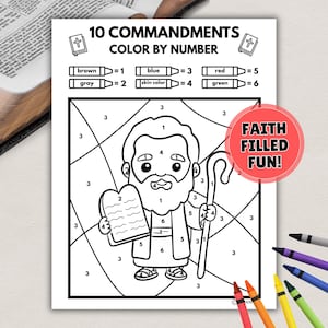 May include: A 10 Commandments colour by number activity sheet featuring a line drawing of a bearded figure holding stone tablets and a staff. The page includes a colour key with crayons labelled brown, blue, red, grey, skin colour, and green, plus the text FAITH FILLED FUN!