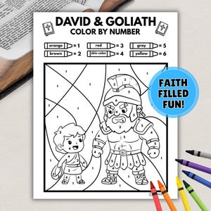 David and Goliath Coloring Page, Color by Number, Printable David and Goliath Craft, Bible Activity Sheet, Sunday School Craft, King David