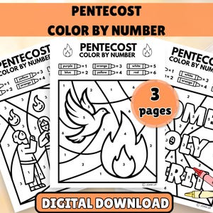 May include: Three printable "Pentecost Color by Number" pages. Each page features a different image with numbered sections to be colored. The pages include images of flames, a dove, and figures. The text "Digital Download" is at the bottom.