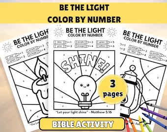 Be the Light Coloring Pages, Color by Number, Let Your Light Shine Bible Craft, Printable Sunday School Activity, Kids Bible Coloring Sheets