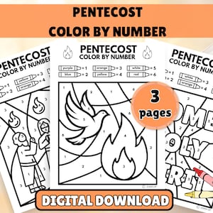May include: Three printable "Pentecost Color by Number" pages with a dove, flames, and figures. The pages include color keys and the text "Digital Download". A crayon is shown at the bottom right.