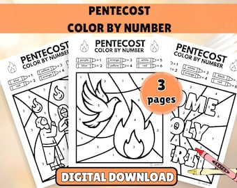 Pentecost Activity Sheet, Color by Number, Kids Printable Pentecost Coloring Pages, Coloring Sheets, Holy Spirit Craft, Sunday School Church